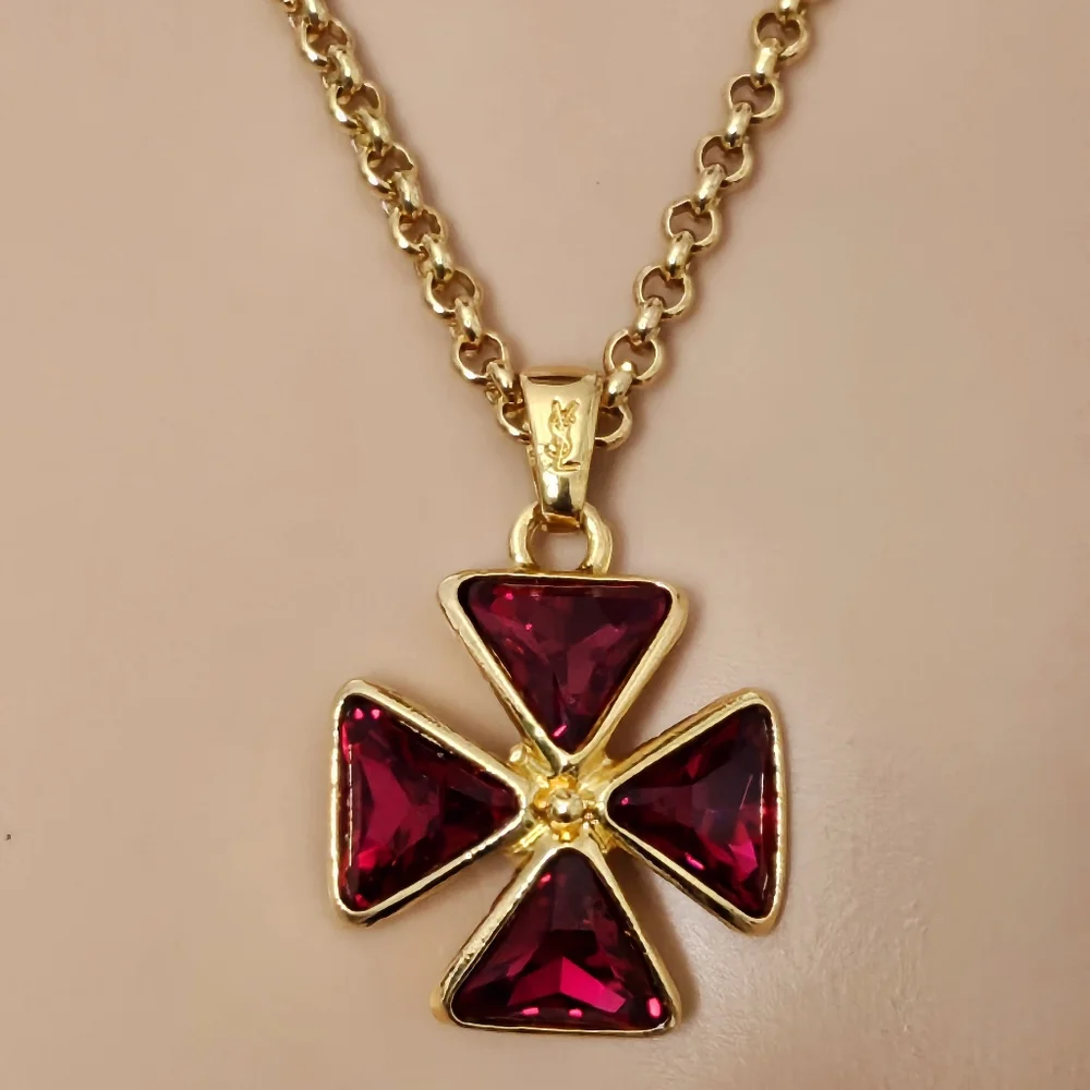 Yves Saint Laurent Gold-plated Necklace With Red Gemstones - Picture 1 of 4